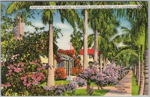 Fort Lauderdale FL Residence Street Palms Flowers Linen Postcard H82