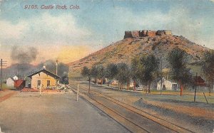 Castle Rock CO Railroad Station Depot Train Arriving Postcard