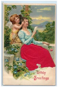 1914 Birthday Greetings Cupid Angel Woman Flowers Silk Felt Antique Postcard