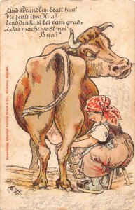 Comic Humor Peasant Woman Milking Humanized Angry Cow postcard C357