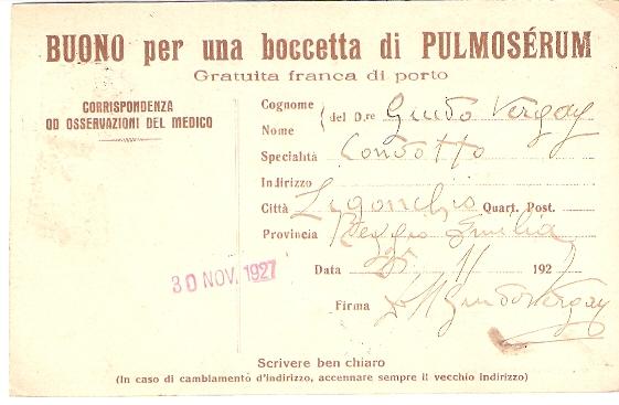 Bailly Laboratorii, Pulmoserum, Milan, Italy,1927 postcard 