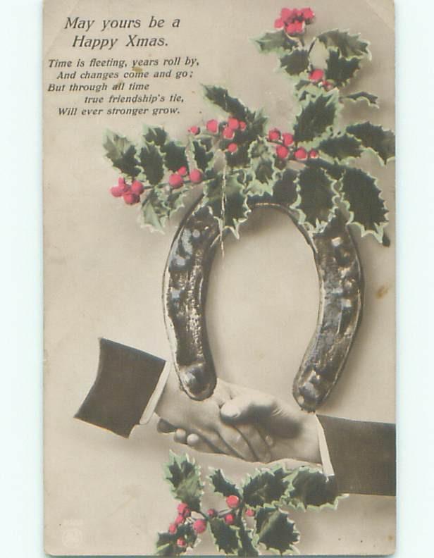 Pre-Linen christmas SHAKING HANDS UNDER HORSESHOE WITH HOLLY k0958