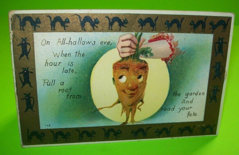 Vintage Halloween Postcard Carrot Head Man Cat Border Anthropomorphic Series 142