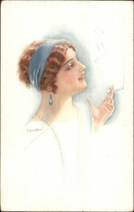Usabal - Beautiful Woman Smoking Cigarette Blowing Smoke Rings Postcard