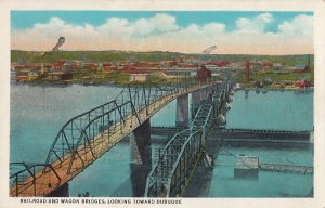Postcard Railroad and Wagon Bridges Looking Toward Dubuque Iowa