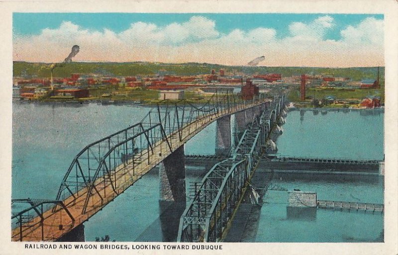 Postcard Railroad and Wagon Bridges Looking Toward Dubuque Iowa