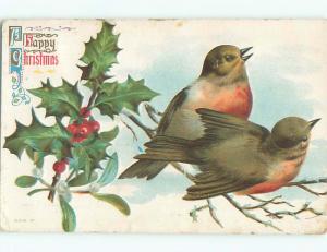 Pre-Linen christmas PAIR OF BEAUTIFUL LARGE BIRDS WITH HOLLY AND MISTLETOE k1690