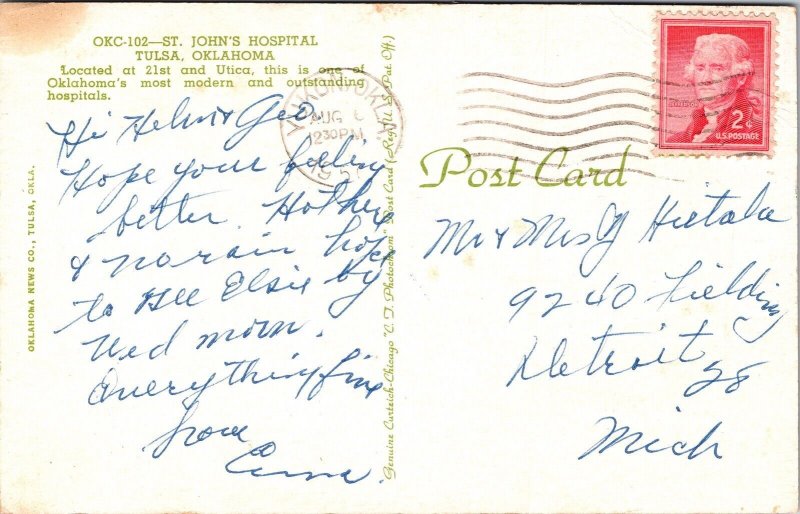 St Johns Hosptial Tulsa Oklahoma Wob Note 1957 Cancel Pm Postcard 