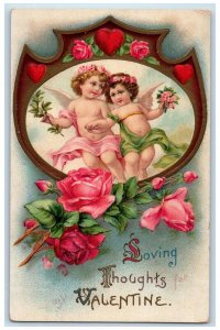 1912 Valentine Thoughts Angels Flowers Embossed Mansfield Center CT Postcard