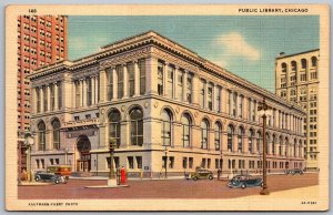 Chicago Illinois 1940s Postcard Public Library Cars