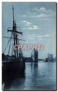 Old Postcard out of the Port of La Rochelle in the moonlight boat