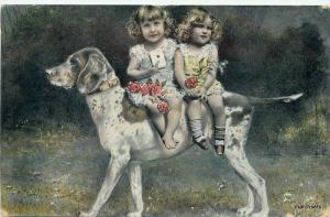 Artist Impression Girls riding strong dog flowers Circa 1910 postcard 10465
