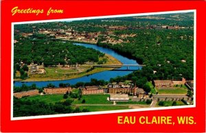 Eau Claire WI Wisconsin STATE COLLEGE CAMPUS~CHIPPEWA RIVER Aerial View Postcard