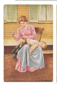 Repaired While You Wait Mother Sewing Boys Pants Vintage ca 1910 Humor Postcard