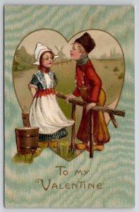 Valentine Greeting Dutch Children Romance Postcard X24