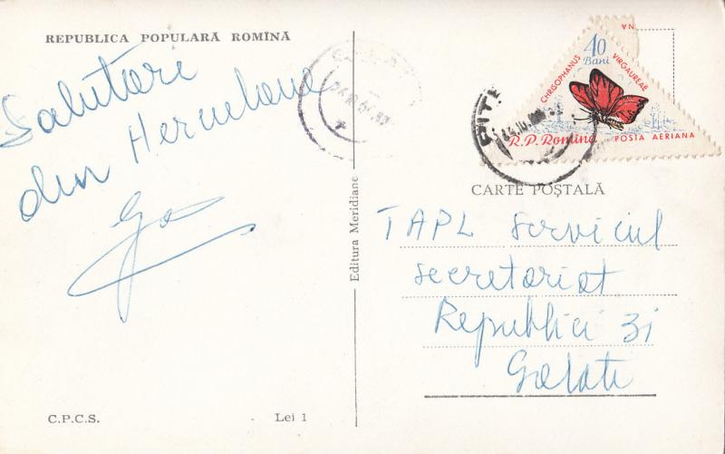 Romania postcard from `60s attractive butterfly stamp Baile Herculane