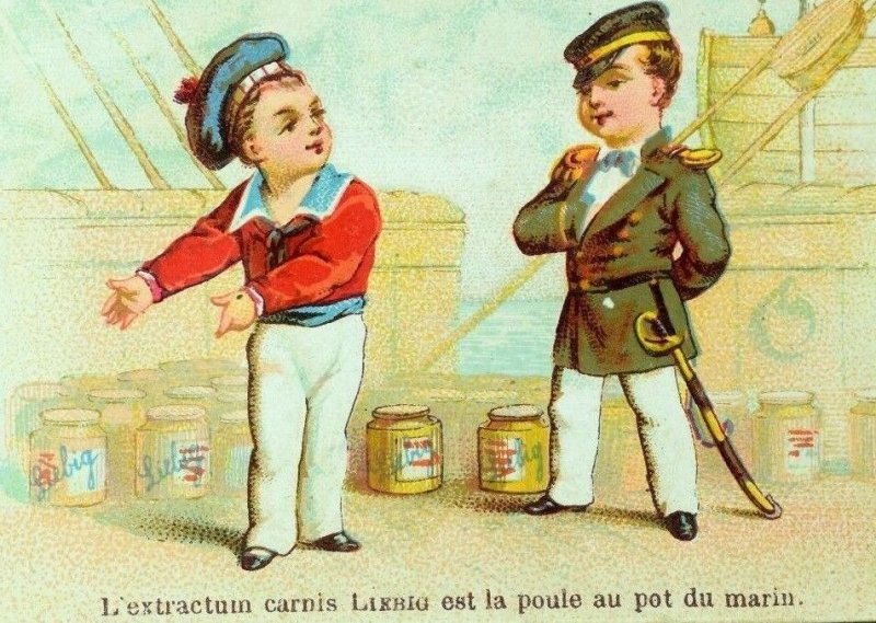 1870's-80's Lovely Liebig Beef Extract Sailors Ship Loaded With Jars Card F84