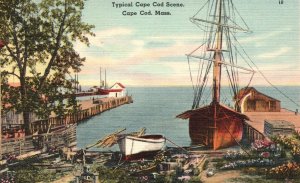 Vintage Postcard Typical Cape Cod Scene Boats Dock Pier Massachusetts Mayflower