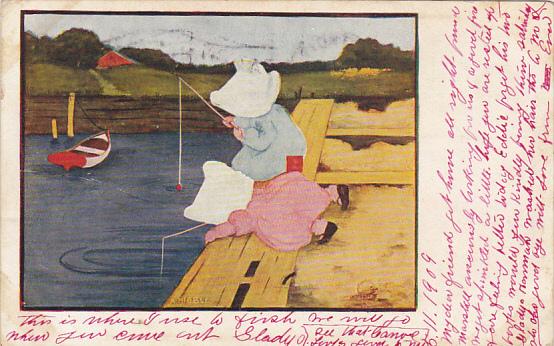 Sunbonnet Girls Fishing Just A Nibble 1905