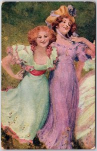 Young Ladies Blue And Purple Long Dresses Friendship Remembrance Postcard