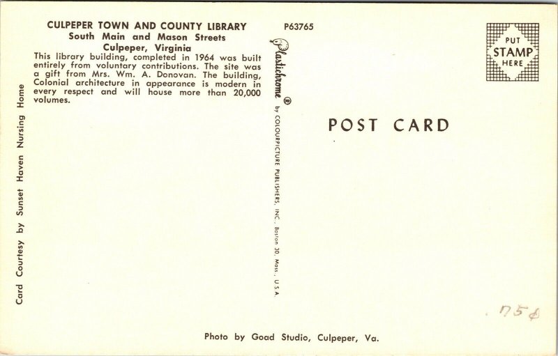 Culpeper Town County Library S Main Mason Virginia VA Postcard Plastichrome VTG  