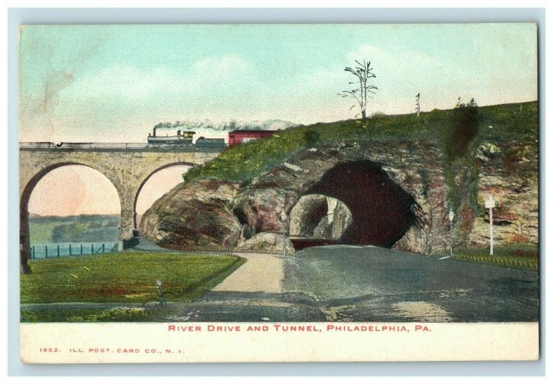 c. 1910 Train Bridge River Drive Tunnel Philadelphia Postcard P15 