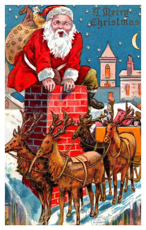  Santa Claus Red Suit , entering Chimmney, Sleigh with reindeer on roof