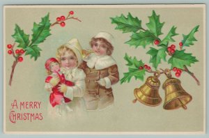 Christmas~Blonde Girl And Boy~Winter Coats~New Presents~Doll In Red~Horn~B W 296