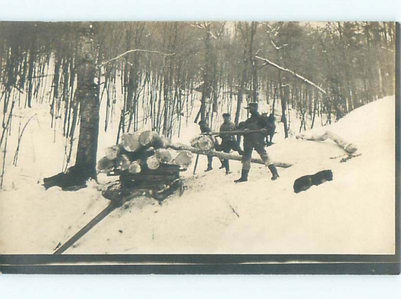 rppc Pre-1920's Forestry LUMBERJACKS LOADING TREE LOGS ONTO SLED AC7972