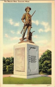 Minute Man Concord Mass Statue Vintage Linen Postcard Battle Lawn Postcard WOB