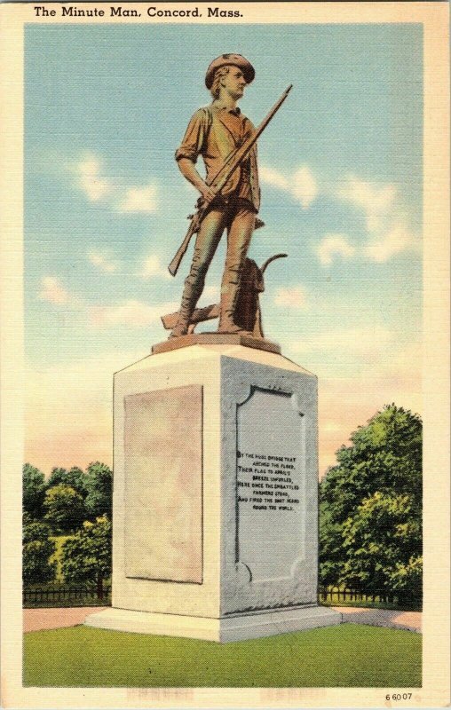 Minute Man Concord Mass Statue Vintage Linen Postcard Battle Lawn Postcard WOB 