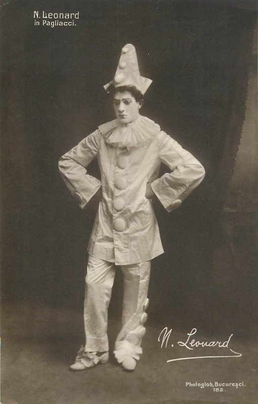 Romanian opera tenor Nicolae Leonard in Pagliacci harlequin theatre costume