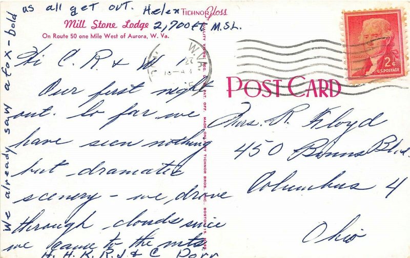 Aurora West Virginia 1955 Postcard Mill Stone Lodge Motel