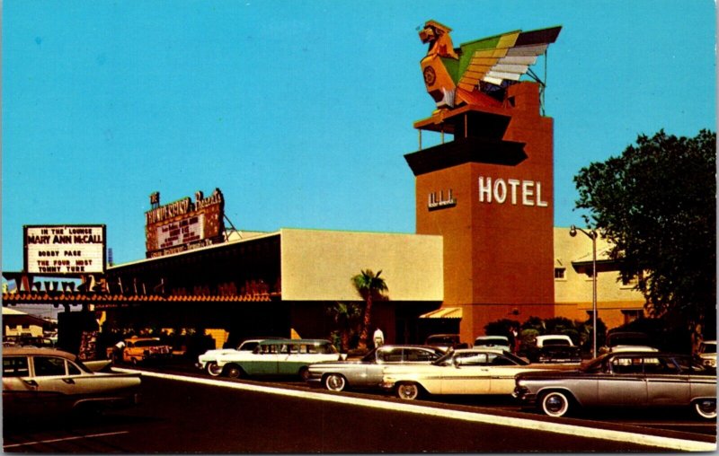 Postcard 50s Automobiles Outside Thunderbird Hotel in Las Vegas, Nevada