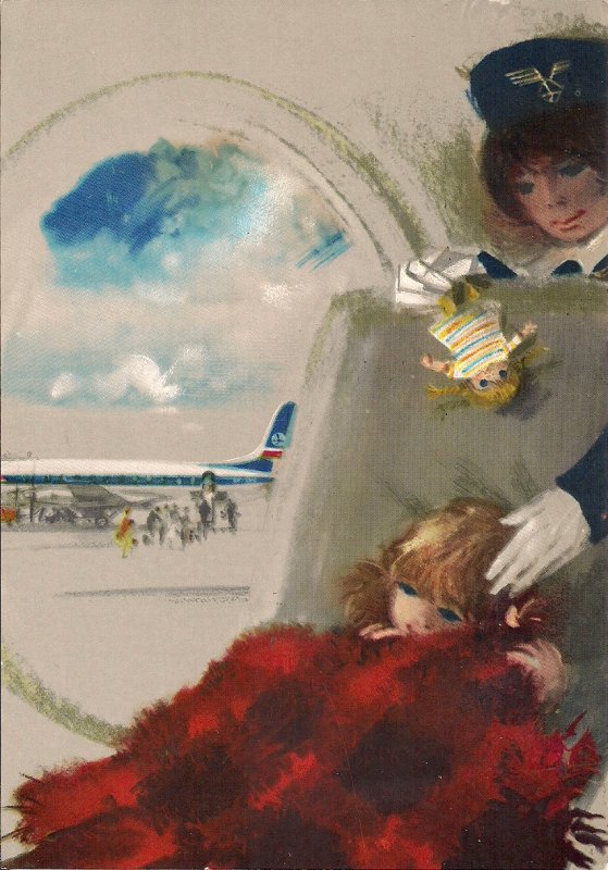 LOT Polish Airlines, Flight Attendant, Child with Doll, Pretty Stewardess, 1960s