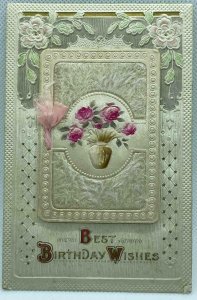 1910's BIRTHDAY CARD ON A POSTCARD*DIE CUT*FLOCKED/FUZZY*EMBOSSED*GERMANY 