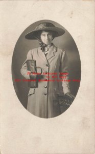 Unknown Location, RPPC, Woman with Hat & Coat Holding a Purse, Photo