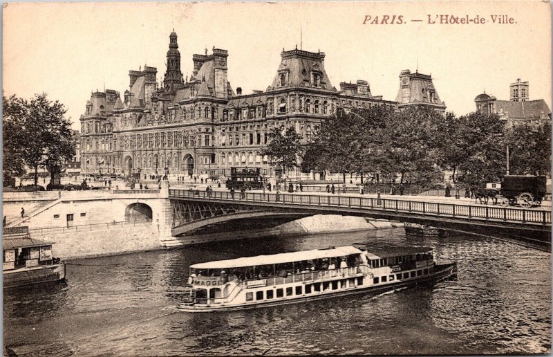 Vtg Paris France L'Hotel de Ville Pont d'Arcole Schiff Dampfer 1910s Postcard