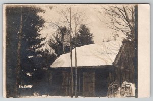 RPPC Old Snow Covered Cabin in Forest Snowshoes on Display c1905 Postcard B23