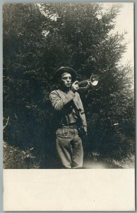 WWI ERA US SOLDIER HORNIST ANTIQUE REAL PHOTO POSTCARD RPPC