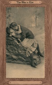 Vintage Postcard Lovers Couple Kissing Leaning A Big Stone Sweet Romance