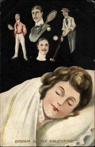 Valentine Fantasy Woman Dreams of Sporty Men Tennis Croquet c1910 Postcard
