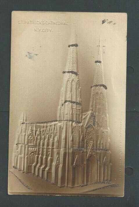 1907 Post Card NYC St Patricks Cathedral Brown W/Glitter Airbrushed Embossed