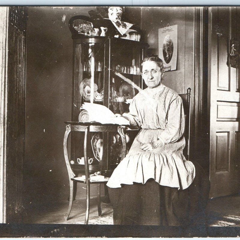 c1910s Old Woman Indoors Reading RPPC Victorian House Interior Real Photo A160