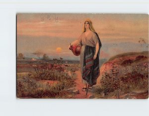 Postcard Lady Flowers Landscape Painting