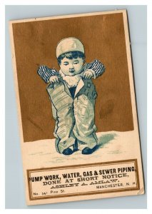 Vintage 1880's Victorian Trade Card Ashley A. Amlaw Plumbing Manchester NH