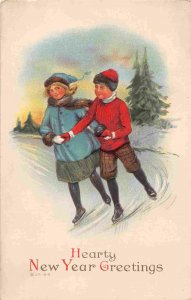Girl Boy Ice Skating Hearty Happy New Year  Greetings 1910c postcard