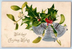Christmas Postcard Wishes Ringing Bells Berries Mistletoe Winsch Back Embossed