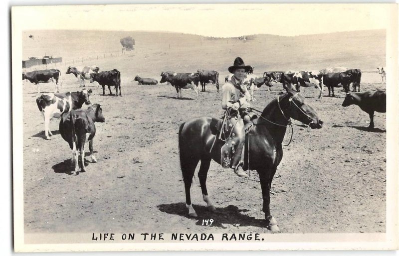 Western RPPC Nevada Range COWBOY Horse Cattle Ranch Photo 1930s Postcard