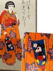 1930s VINTAGE NEW YEAR GREETING PC MICKEY MOUSE Japanese battledore POSTCARD